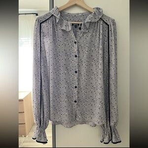 ME+EM Women's Long Sleeve Ruffle Sz US 10 Feminine Button Down Blouse Scallop